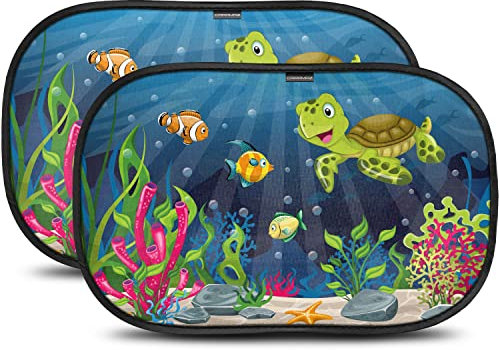 Tendine parasole bambini Buio Ottimale con protezione UV certificata - accessori auto, 2 pezzi 51x31cm, protezione solare raggi UV Design Tartaruga