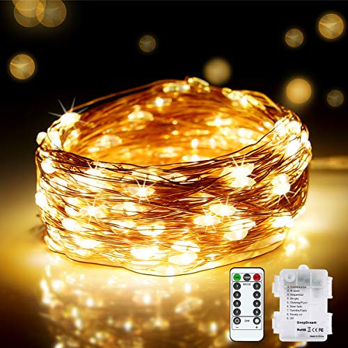 DeepDream 20M 200 LED Fairy String Lights, Battery Powered 8 Modes Copper Wire Waterproof Twinkle Lights with Remote Control Indoor Outdoor for Bedroom Party Wedding Christmas Decoration, Warm White