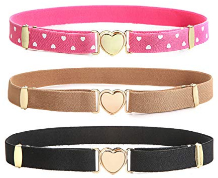 OVOGBEE Elastic Stretch Belts for Girls 3 Pack Little Toddler Teen Kids Adjustable Uniform Belt Girls Fashion Belt Heart Black/Pink/Brown