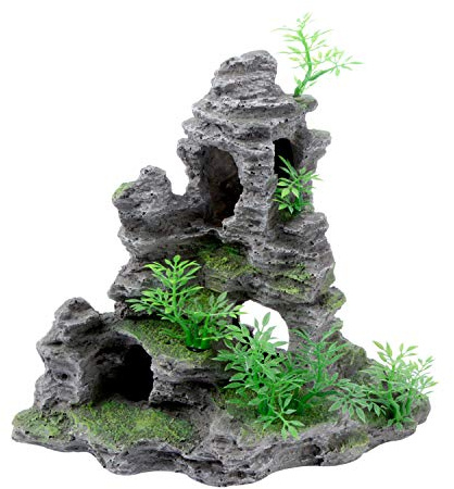 Uotyle Aquarium Mountain View,Rocks Hideout Cave Resin Fish Tank Stone Ornament with Small Plants for Small Betta Shrimp to Swim Hide Play, 9 x 4 x 9 inch
