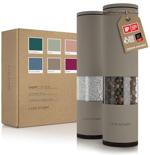 LARS NYSØM Salt and Pepper Grinder Set Manual, Stainless Steel Salt and Pepper Mills with Adjustable Ceramic Grinder I Design Spice Shakers (Taupe Brown)