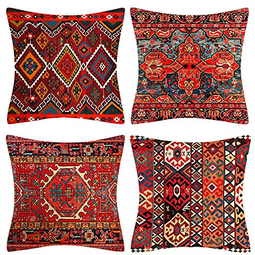 Dekorative Kissenbezüge 40 x 40 cm 4er Set Stammes-Abstraktes Rot Orientalisch Kissenbezug Teppich Muster Kissen Dekokissen Böhmischen Kissenhüllen Leinenkissen Sofa Deko