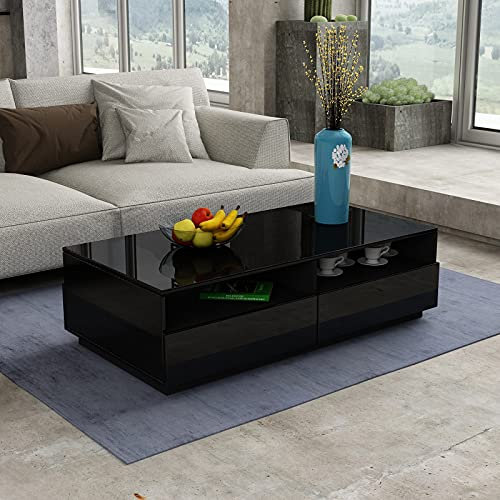 Senvoziii Couchtisch für Wohnzimmer, Beistelltisch Moderner Holztisch, Schwarz Glanz Kaffeetisch mit 4 Schubladen Lagerung für Zuhause