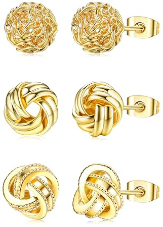 HAIAISO 3 Pairs 14K Gold Plated Knot Earrings For Women Hypoallergenic Small Stud Earring Woven Ball Stud Earrings Knot Post Earrings for Sensitive Ears(14K Gold Plated)