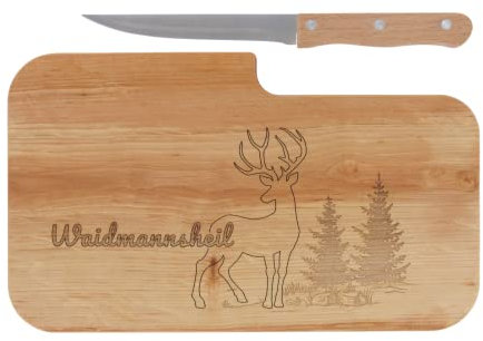 LASERHELD | Brotzeitbrett Holz mit Gravur “Waidmannsheil” & Messer | 26 x 15 cm | Frühstücksbrettchen Holz Schneidebrett Jausenbrett | Geschenk für Jäger zum Vatertag Vatertagsgeschenk