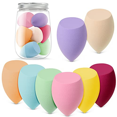 AUAUY 8 Pcs Makeup Sponge Set, Beauty Sponge, Makeup Sponges for Foundation, Multi-color Makeup Sponge Set With 1 Storage Tank, for Liquid, Cream, and Powder (Slanted Cut Style)