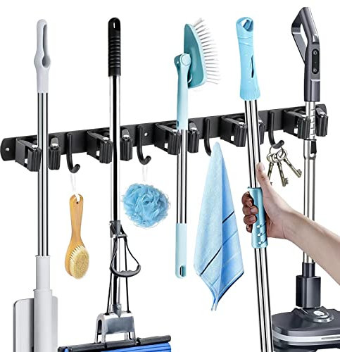 MOREMOCO Besenhalterung Wand, Besenhalter Gerätehalter Wandhalterung Edelstahl Besen Mop Halter Selbstklebend Werkzeughalter Organizer mit 5 Halter und 4 Haken für Zuhause, Küche, Garage, Garten