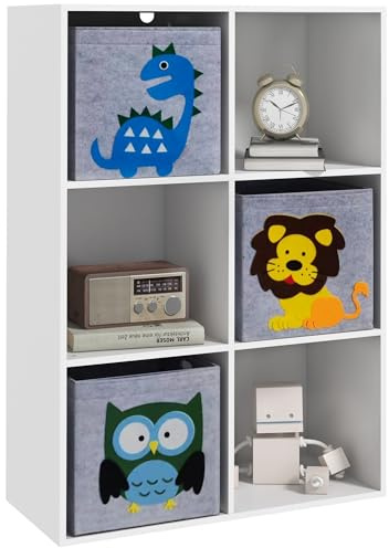ZONEKIZ Meuble de Rangement pour Enfant, étagère pour Chambre d'enfants, bibliothèque, 6 Cases, 3 Cubes paniers en Tissu Motif Animaux pour Salle de Jeux, 62 x 30 x 91,5 cm, Blanc