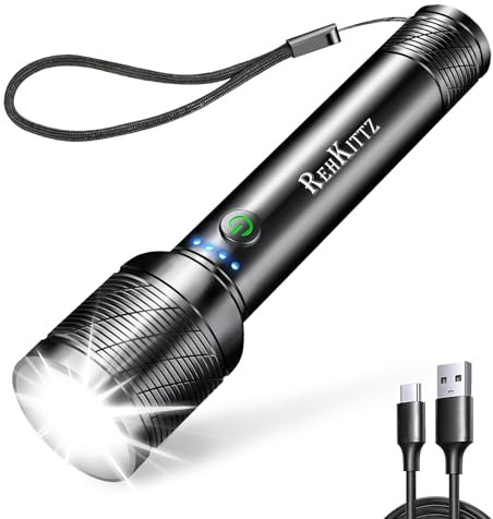 REHKITTZ Torch, LED Rechargeable Torches(Built-in Large Capacity Battery) 2200 Lumen Super Bright Flashlight with Power Display,Long Working Time,Aluminum Alloy,5 Light Modes,Zoomable Torch
