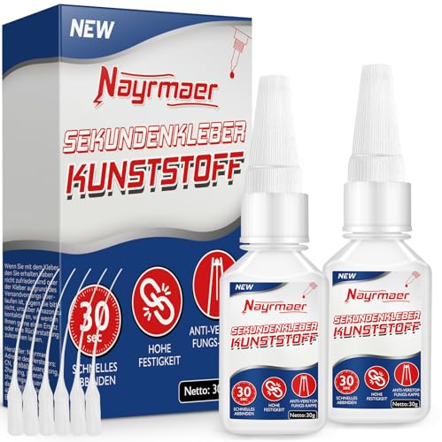 Nayrmaer Kunststoffkleber Extra Stark, 60g Modellbau Kleber mit Anti-Verstopfungskappe, Wasserfest Plastikkleber zum Verkleben aller Kunststoffe