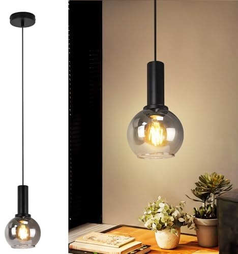 CBJKTX Hängelampe Vintage Pendelleuchte Esstisch -1Flammig Hängeleuchte Glas Schwarz Esszimmerlampe Industrial E27 Pendellampe Höhenverstellbar Esstischlampe für Wohnzimmer Küche (ohne Leuchtmittel)