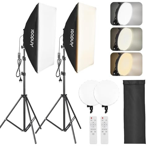 Andoer Set de Softbox Estudio Fotográfico, Softbox Luz 2 × 50 × 70 cm con 2 × 80 W LED luz de vídeo bicolor, 2 × trípodes de luz, 2 × mando a distancia para fotografía de productos de retrato de
