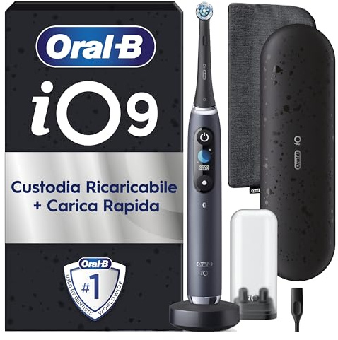 Oral-B Spazzolino Elettrico Ricaricabile iO 9 Nero Edizione Limitata, 1 Spazzolino elettrico, 1 Testine Oral B Di Ricambio, Custodia Da Viaggio, Astuccio Magnetico, Per Una Pulizia Denti Efficace