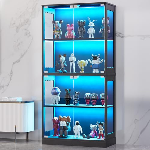 TEROL Display Cabinet with Glass Doors, 63” 4-Tier Wood Display Case with RGB Lights for Collectibles, Tall Curio Cabinet Anti-Tipping with Adjustable Shelves, Storage Cabinets for Living Room, Study
