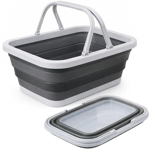 NEW Collapsible Mop Bucket with Handles | Foldable Silicone Cleaning Tub | Space Saving Wash Basin for Laundry | Camping, Car, Travel & Home Use, Gray & Black