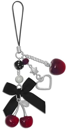 Breloque téléphone cerise avec nœud noir – phone charm kawaii, breloque de sac femme, porte-clés cerise, accessoires téléphone portable & accessoires de sec à main, pendentif cerise pour sac
