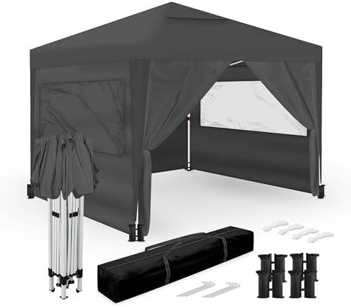 Wasabi - Carpa Plegable 3x3m – 4 Paredes Laterales – 4 Bolsas de Arena, Piquetas y Cuerdas de Fijación – Saco de Transporte - Pérgola de Nylon – Cenador para Jardín Exteriores Camping Fiestas (Gris)