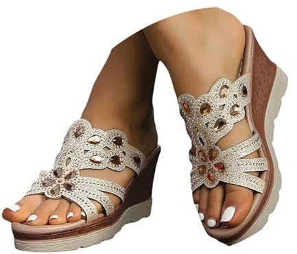 YIzdegg Sandalias Mujer Elegante, Sandalias Verano Tacón Cuña Pantuflas Bohemias Zapatillas Mujer Plataforma Con Plantilla Romana Con Tacón Sandalias Ortopédicas Slides Zapatos de Verano, dorado, 41