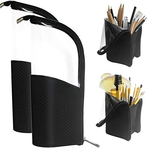 ANEMEL Black Travel Makeup Brush Holder 2-Pack, Organizer Bag Clear Plastic Cosmetic Zipper Pouch Portable Waterproof Dust-Free Stand-Up Small Toiletry Stationery Bag with Divider