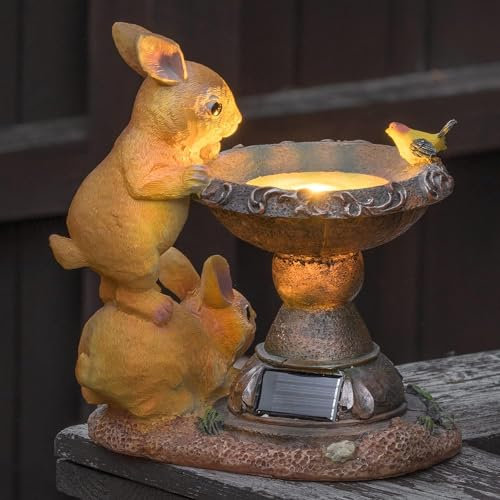 GloBrite Solar Rabbit Bird Bath for Garden | Ornaments Outdoor Statue Garden Gifts | Waterproof Resin Sculpture with Solar Lights Outdoor Ornament for Christmas Decorations & Home Decor