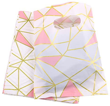 100 st 24,7 cm x 34,8 cm plastpåsar, shoppingväskor, detaljväskor, presentväskor med stansade handtag – vit geometri