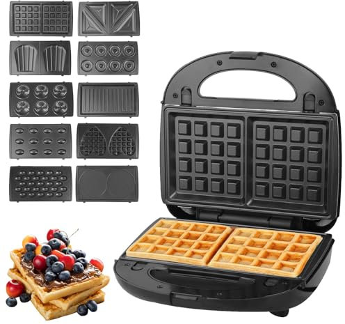 Appareil à Croque Monsieur, Presse à Panini Électrique Machine à Sandwich 750W, Plaques Antiadhésives et Détachable, Gauffre Grille-pain Indicateur LED Thermostat Automatique (10 en 1)