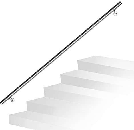Fiqops Pasamanos de acero inoxidable, barandilla para escaleras, 200 cm, acero inoxidable, pasamanos de pared, para exterior e interior, pasamanos de 42 mm de diámetro, con soporte de pared y tacos de