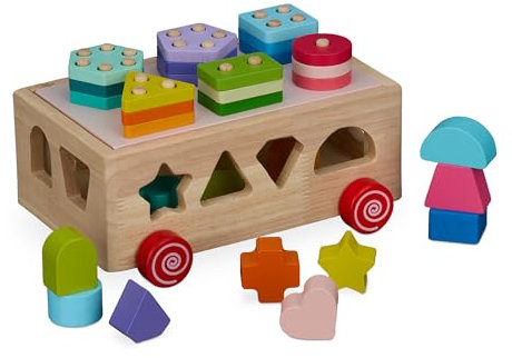 Relaxdays Holzsteckwürfel mit Stapelspiel, ab 3 Jahren, Holz Sortierbox mit 12 Steckbausteinen, Motorikspielzeug, bunt