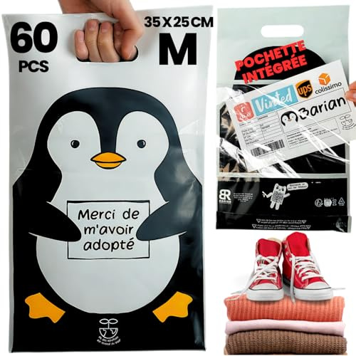 60 Emballage Colis Vinted, Enveloppes Plastiques d’expédition 35x25cm Opaque avec Poignée, Poche à Bordereaux A5, Sac Plastique Auto-Adhésif, Pochette Colis Vêtement, Chaussures, livres, Moyen format