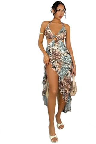 WDIRARA Women's Halter Cut Out Dress Floral Cheetah Print Asymmetrical Hem Sexy High Slit Mesh Ruffle Dresses Green Multicolor Small