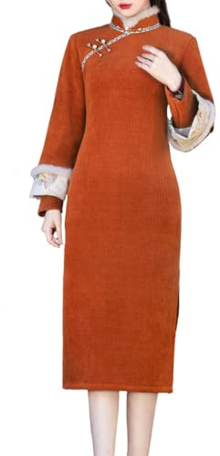 Abito invernale da donna Cheongsam elegante velluto cinese Qipao costume con spacco laterale slim fit tradizionale colletto alla coreana, Arancione, 3XL