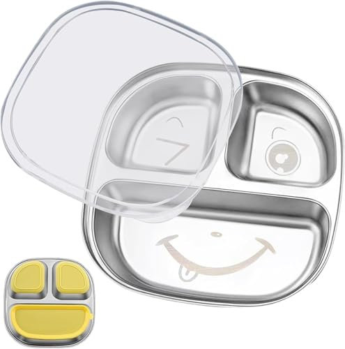 Auzlya Edelstahl Teller Baby,Babyteller Mit Saugnapf,Rutschfest Kinderteller mit Unterteilung,Kinderteller Mit Silikon Saugnapf,Spülmaschinenfest Babyteller,BPA-frei