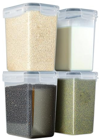 Cereal Storage Container Sets Airtight Dry Food Dispenser Containers Stackable Kitchen Storage Boxes Plastic Pantry Organization with Lock Lids Leakproof for Flour Sugar Pasta (4pcs, 1.4L)