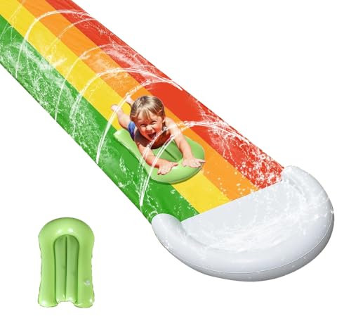 KBIBCK Toboggan aquatique de jardin pour enfants - 480 x 76 cm - Tapis antidérapant d'eau avec bodyboards - Toboggan aquatique pour enfants et adultes - Jouet aquatique avec arroseur intégré