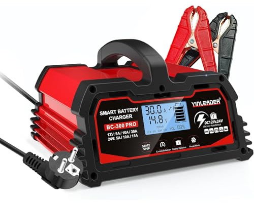 Yinleader Chargeur de Batterie Intelligent 30A 12V /24V 15A, Chargeur de Voiture LCD, mainteneur de Batterie pour AGM, Moto, 12V LiFePO4