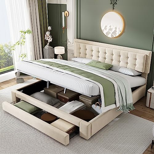Laxnb Doppelbett Bett 180x200 cm Polsterbett, Jugendbett Bett mit Stauraum und Verstellbares Kopfteil, Schubladen und Hydraulisches Stauraumbett Bettgestell mit Lattenrost, Ohne Matratze, Samt Beige