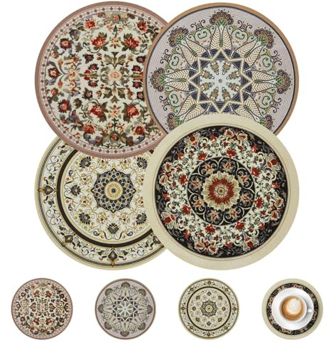 comfoyar Juego de 4 Manteles Individuales Redondo Boho con 4 Posavasos, Salvamanteles Individuales de Manteles Goma Bohemia, Estilo Vintage, Absorbente para Cocina y Comedores Decoración de Mesas22cm