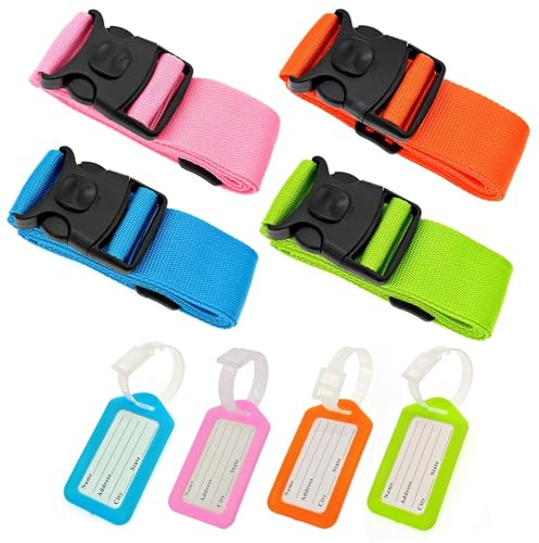 JZK Lot de 4 sangles de bagage pour grandes et petites valises, double mécanisme de verrouillage, sangles de valise réglables avec étiquettes à bagages, longue ceinture à bagages, orange, vert fluo
