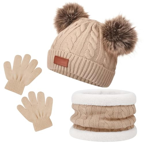 GWAWG Lot de 3 bonnets chauds d'hiver pour enfants de 1 à 5 ans,garçons et filles,ensemble d'accessoires d'hiver de sports de plein air,ensemble thermique tricoté épais et chaud doublé (Kaki)