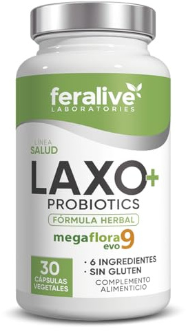Feralive Laboratories LAXO+ 30 Cápsulas – Psyllium + Malva + Aloe Vera – Probióticos Megaflora 9 EVO® – Suplemento para Tránsito Intestinal y Regularidad