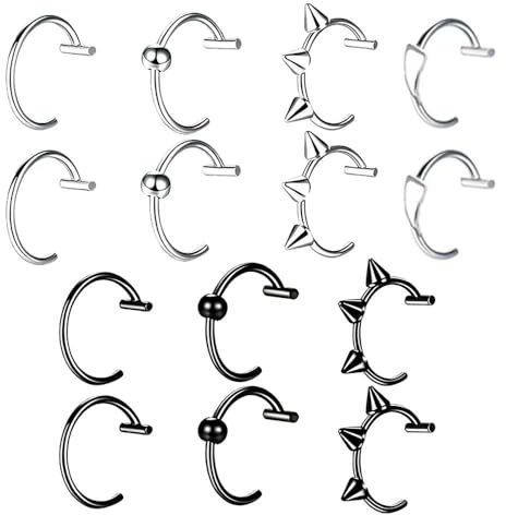 CBMZHF 14 st icke-pierckade klämmor för näsa & läpp, öronmanschett utan piercing, rostfritt stål, falska septum ringar, stilar med spik/boll/enkel i silver & svart för festival, cosplay, daglig