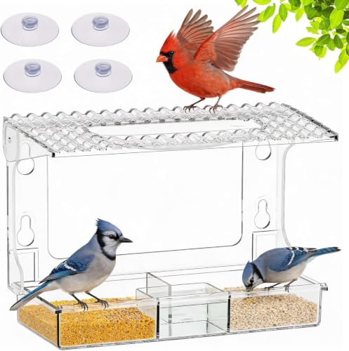 Dexpally Comedero Pajaros Exterior Transparente - Bird Feeders Jardín Acrílicos con 4 Ventosas Fuertes - Ideal para Azules, Pinzones y Aves Silvestres (25x16.7x10 cm)