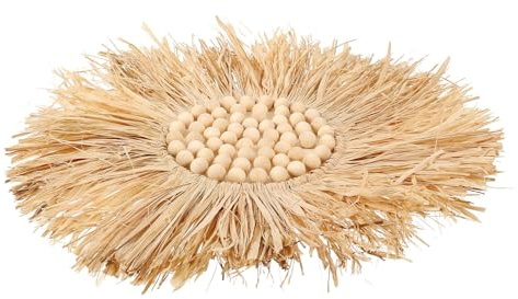 STOBAZA Decorazione Murale Ornamento da Parete Creativo e Naturale in Rafia Intrecciata Stile Nordico Perline di Legno Colore Kaki per Arredamento Casa e Ufficio