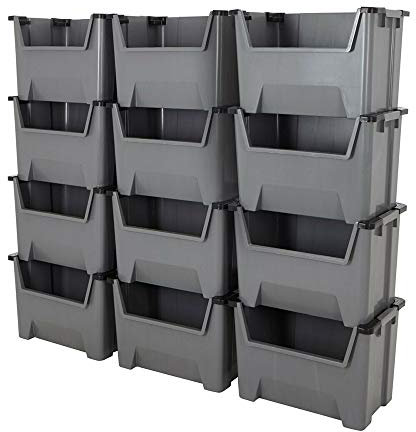 BiGDUG Giant Plastic Stacking Bins (10 Pack) - 400x600x400 mm - Open Fronted Order Picking Boxes - Grey - Heavy Duty Storage Boxes