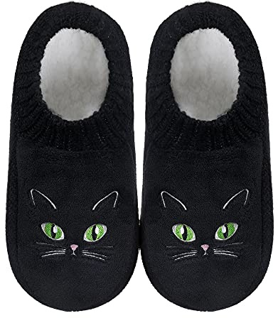 ZYZX Lustige Warme Hüttensocken Damen,Hausschuhe Geschenke Hüttensocken mit Sherpa Fleece Futter und Stoppernoppen,Katze MXMAO