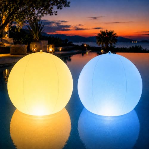 auvstar Lampe de Piscine Flottante Solaire Gonflable,16 Couleurs & 4 Modes Lumière Boule Solaire Extérieur avec Télécommande,Étanchéité IP66 & Minuterie,Déco pour Étang,Jardin,Fête (34cm, 2 Pack)
