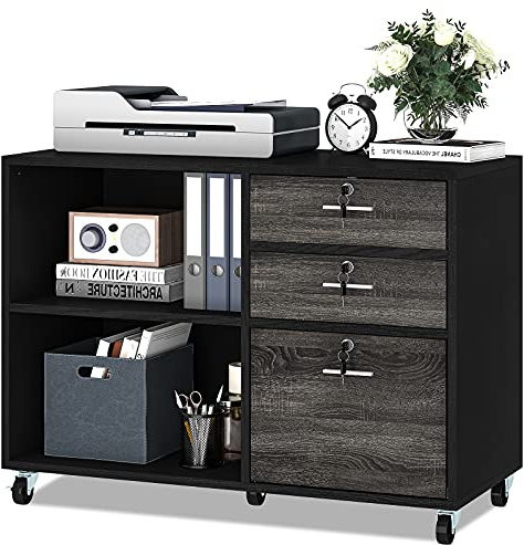 YITAHOME Rollcontainer aus Holz, Mobile Aktenschrank Abschließbar, Büroschrank mit 3 Schubladen und 2 offenen Fächern im Modernen Stil,für Dokumente, Holz Seitenschrank für Home Office (Schwarz&Braun)