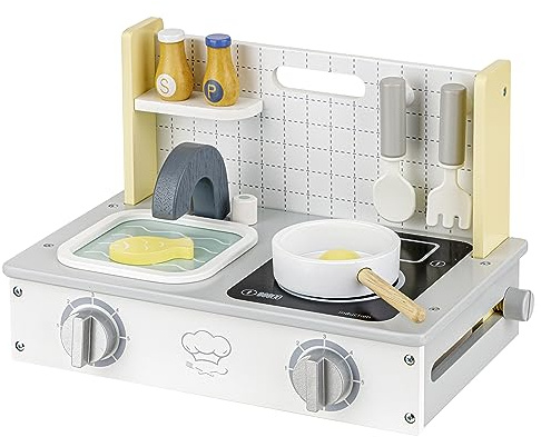 Baroni Toys Cuisine Portable en Bois Montessori, Jeu Éducatif pour Enfants de 3 à 7 Ans avec Évier et Accessoires, 34x22x23 cm