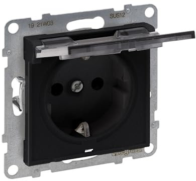 LEGRAND, SEANO Schutzkontakt-Steckdose mit erhöhtem Berührungsschutz und Klappdeckel IP21, Steckklemmen, 16 A, 250 V, Farbe: Schwarz lackiert, 765323