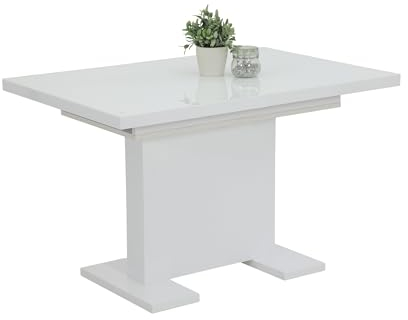 Hela Tische, Esstisch Säulentisch Wilma, Dekor Weiß Hochglanz, Glasplatte ESG, Synchronauszug, Maß 120-160x80cm